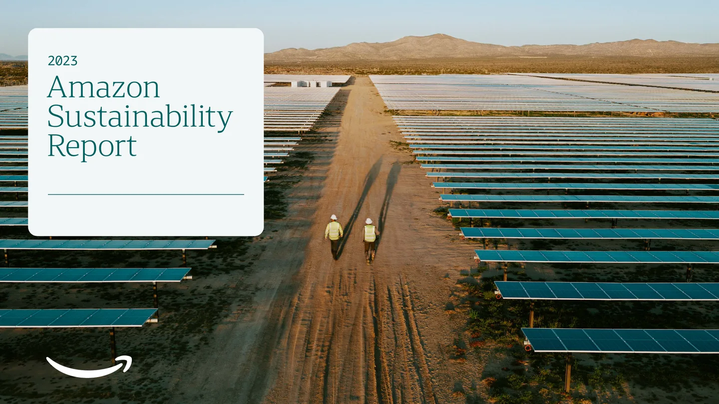 Amazon 2023 Sustainability Report cover featuring a solar farm