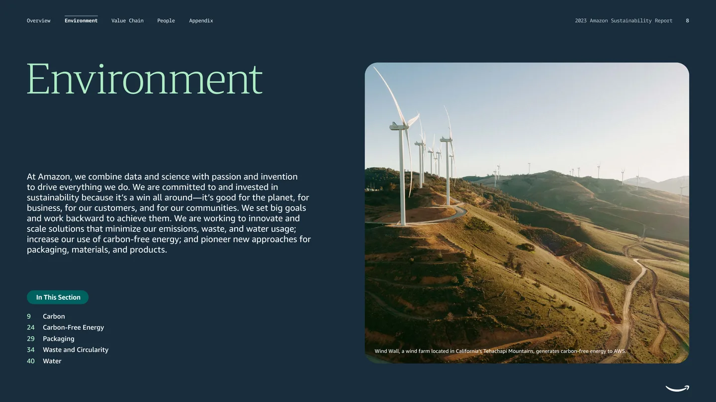 Environment section opener with aerial photography and dark navy typography