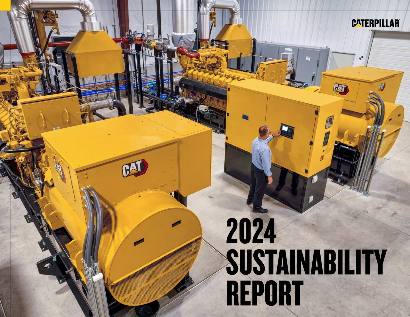 Cover of Caterpillar’s 2024 Sustainability Report featuring large yellow power equipment