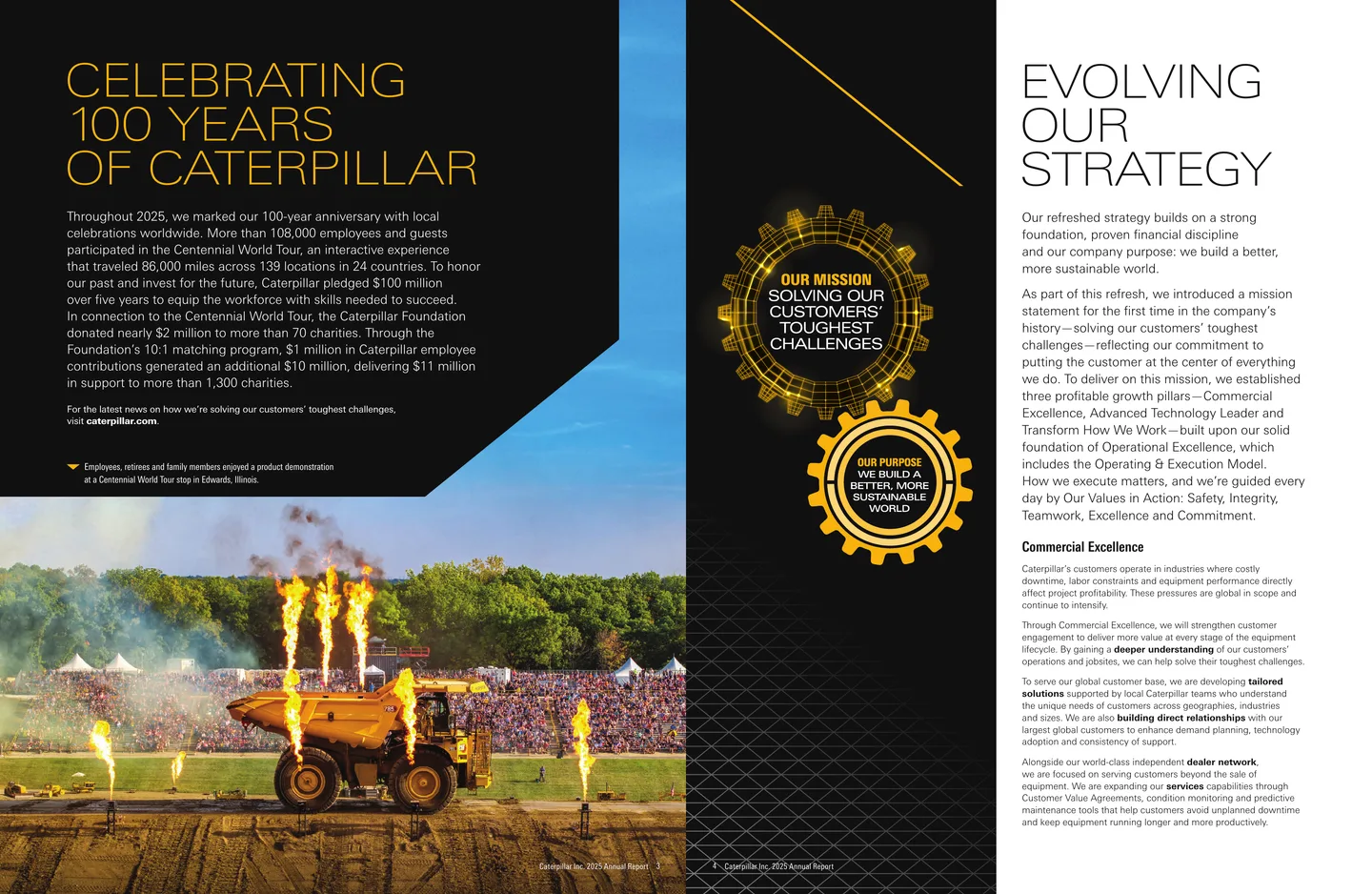 Celebrating 100 Years and Evolving Our Strategy pages from Caterpillar’s 2025 Annual Report