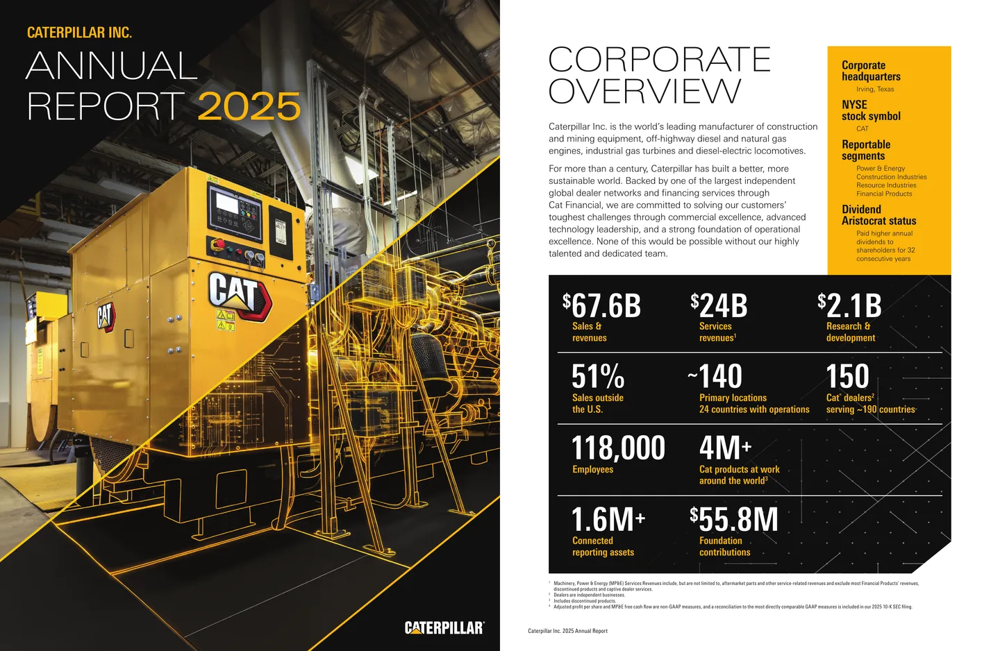 Cover and corporate overview pages from Caterpillar’s 2025 Annual Report
