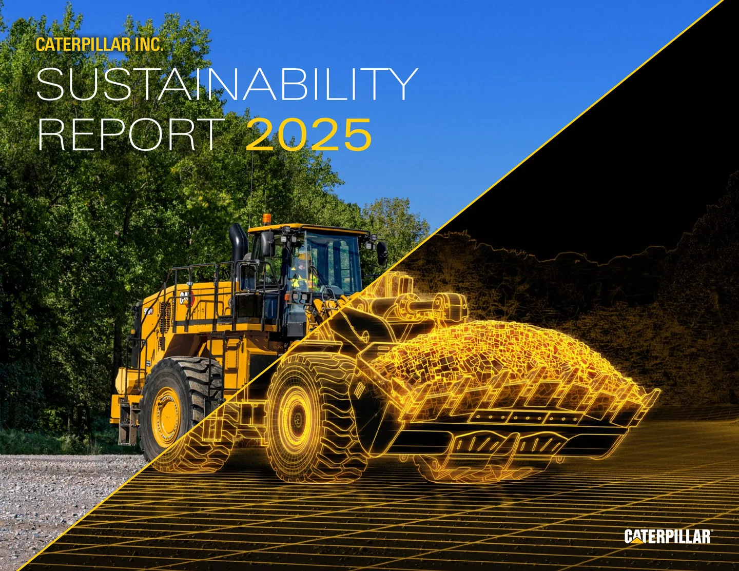 Cover of Caterpillar’s 2025 Sustainability Report, combining a wheel loader photograph with a technical line rendering