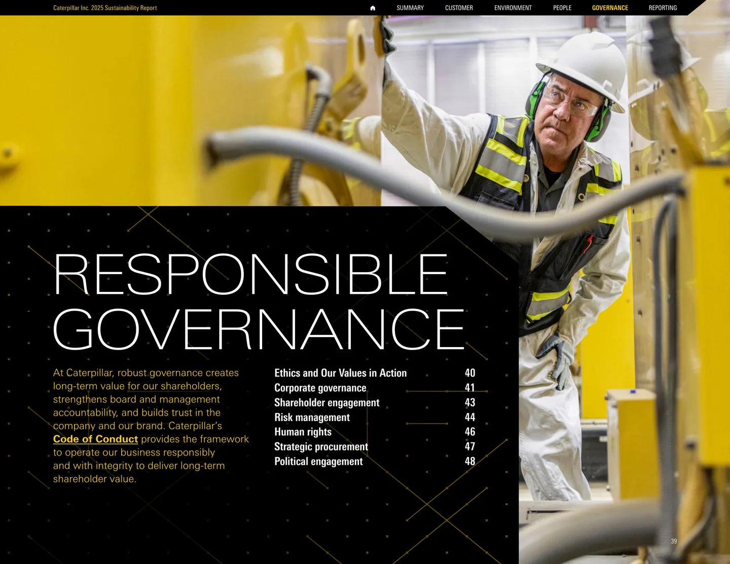 Responsible Governance section opener from Caterpillar’s 2025 Sustainability Report