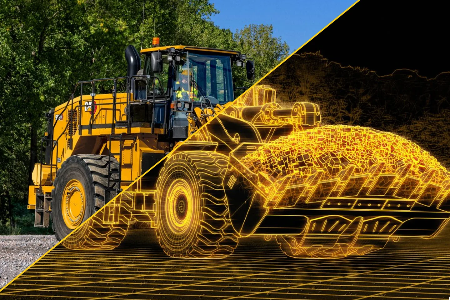 Caterpillar wheel loader transitioning from photograph to technical line rendering