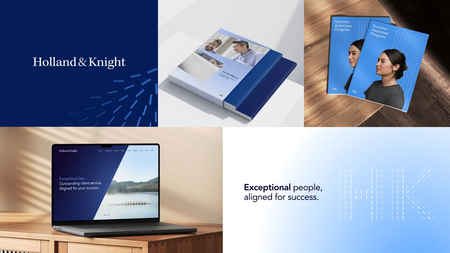 Holland & Knight visual identity across publications, digital experiences, and brand communications