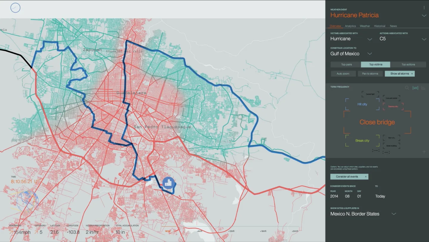 IBM operations interface mapping service routes during a hurricane
