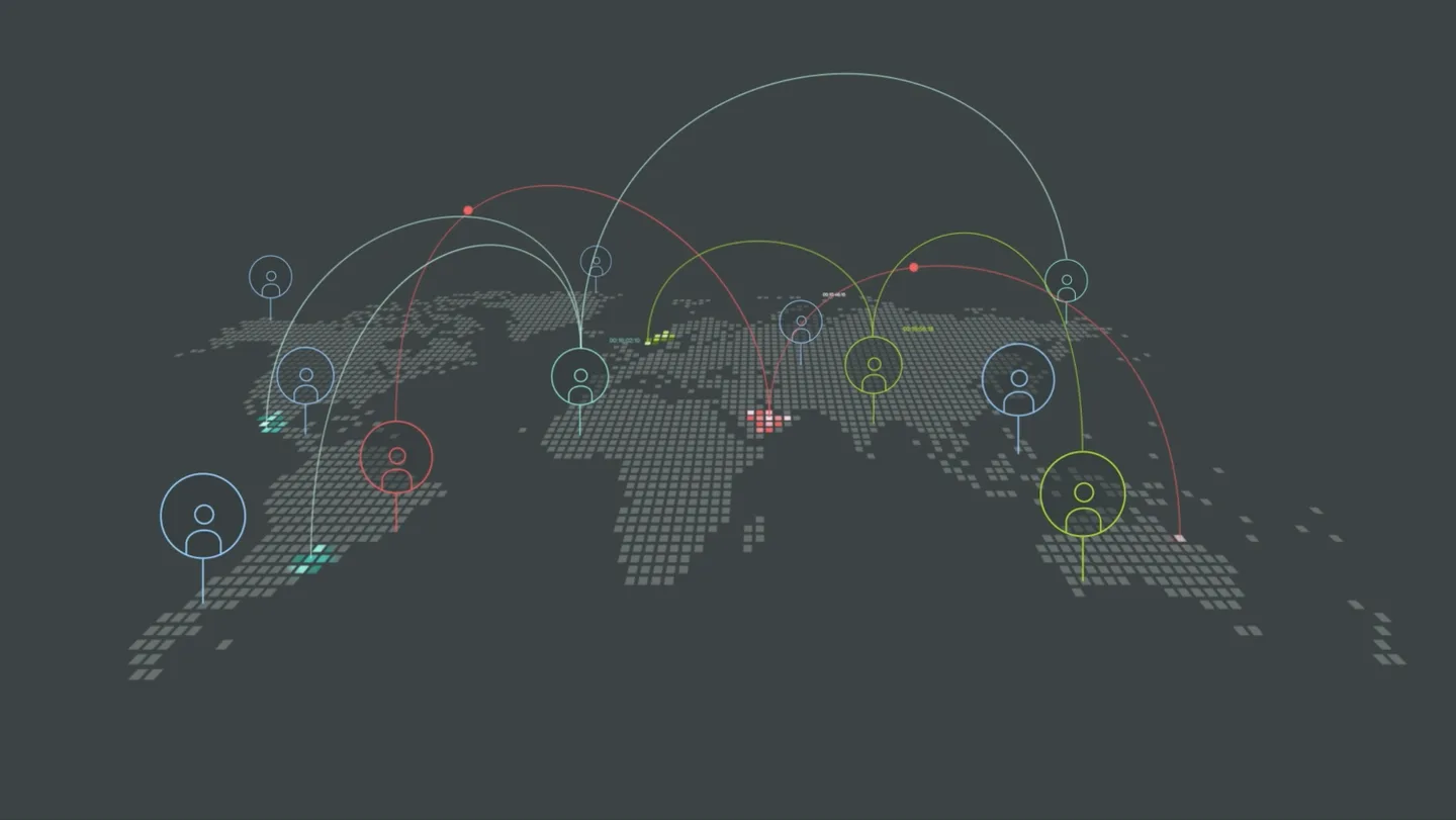 Global IBM network diagram connecting people and decisions across regions