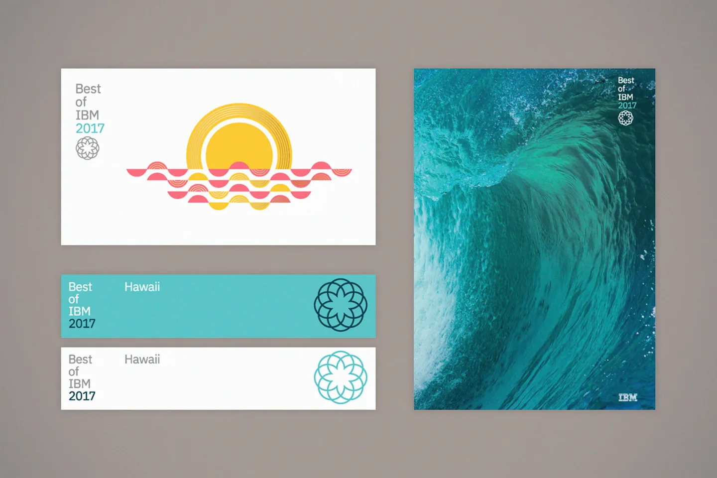 Best of IBM 2017 Hawaii identity across posters, passes, and environmental graphics