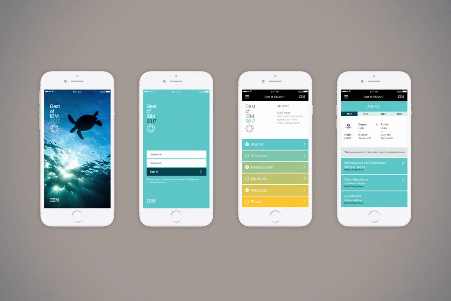 Best of IBM mobile event experience shown across four phone screens