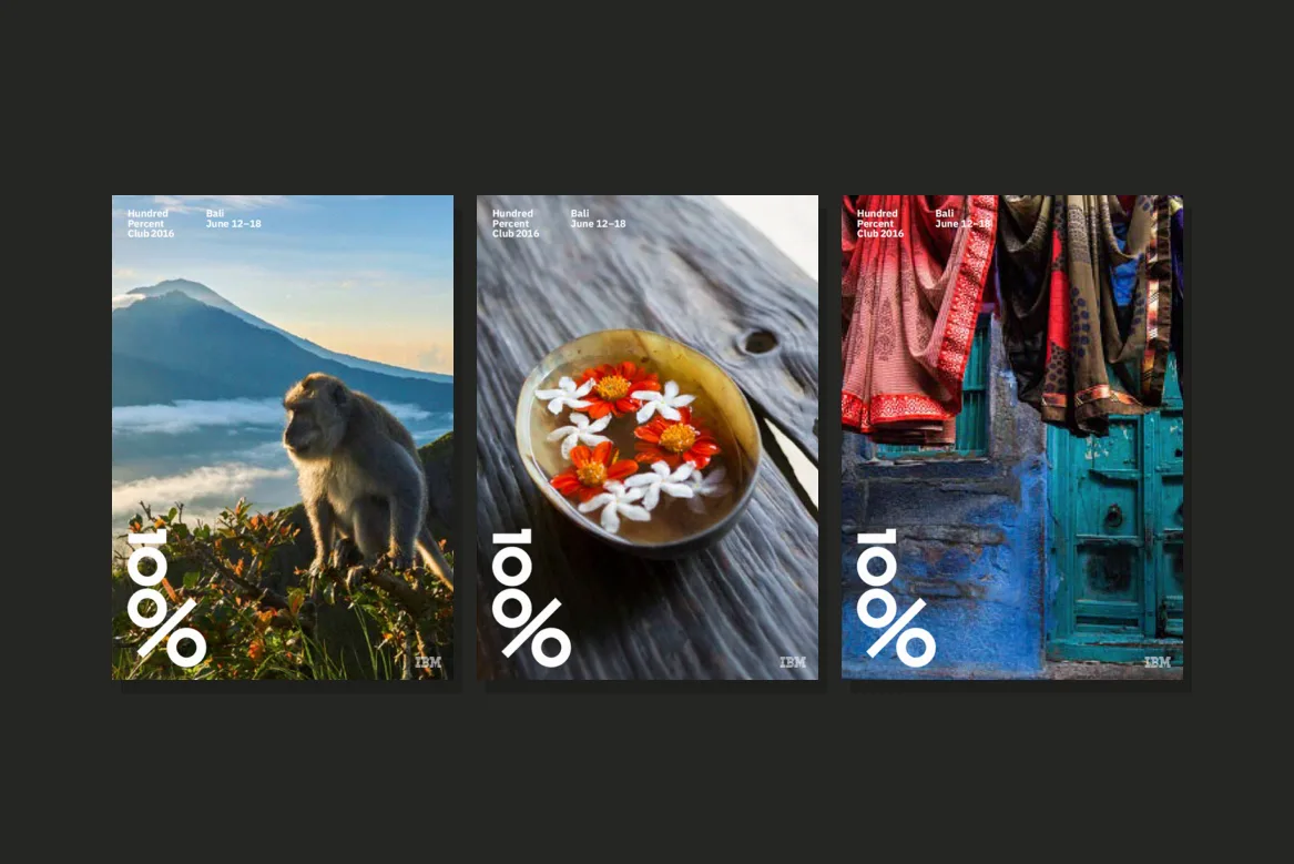 IBM travel poster series with food, animal, and market imagery