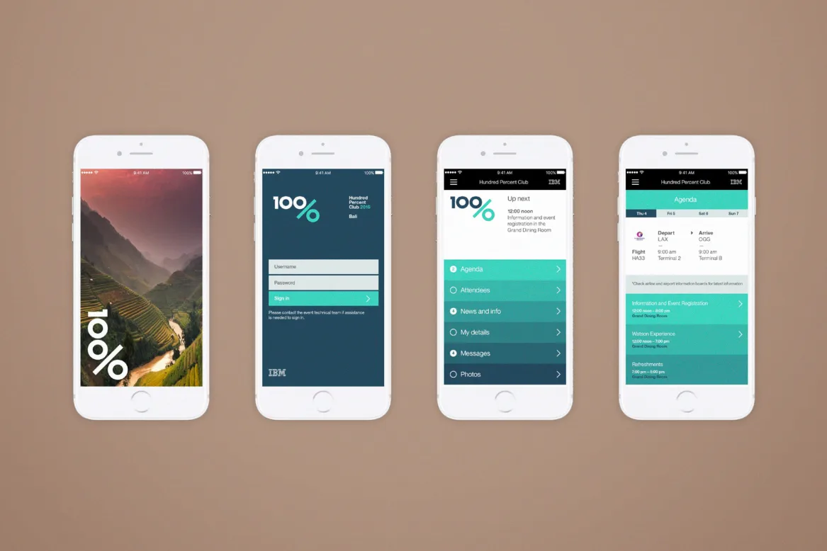 IBM 100 percent mobile experience shown across four phone screens