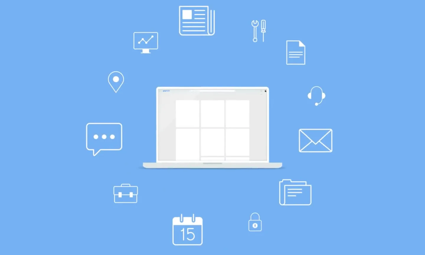 YourIBM motion frame showing a laptop surrounded by employee tools and services