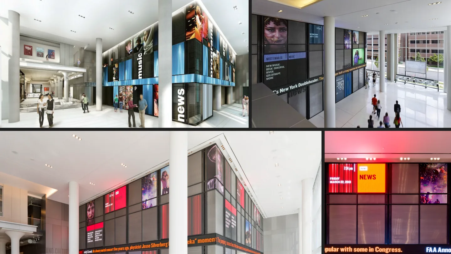 NPR headquarters lobby with live media, archival stories, and an interactive member-station map