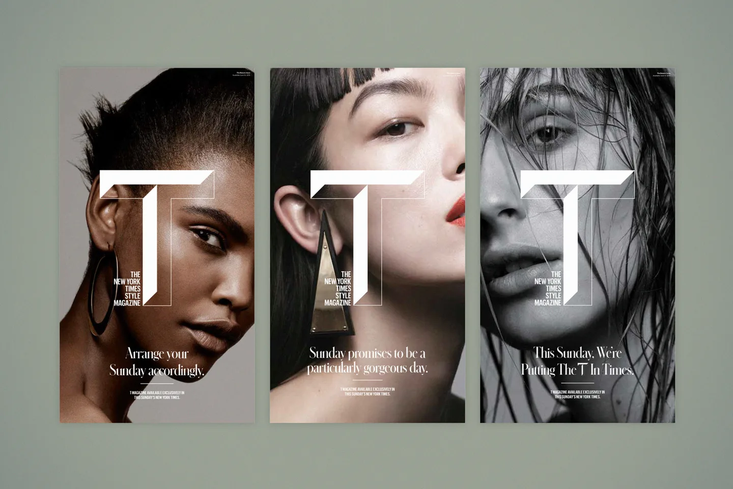 T Magazine launch campaign shown across three fashion covers
