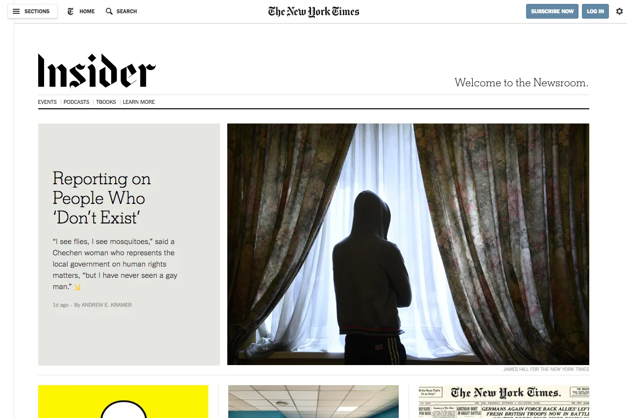 Times Insider homepage combining newsroom reporting with events, podcasts, and archival stories