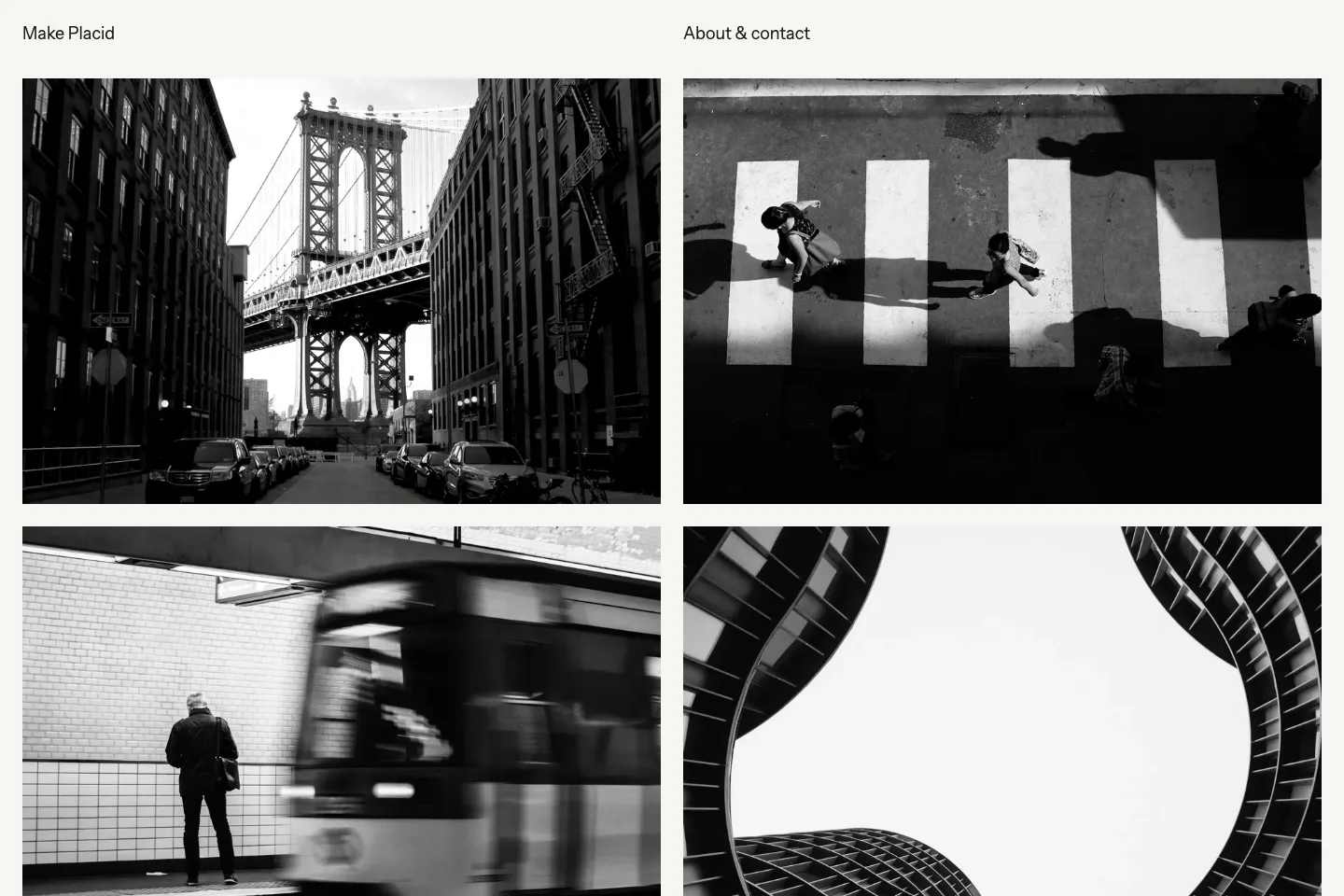 Make Placid homepage showing a restrained two-column portfolio grid