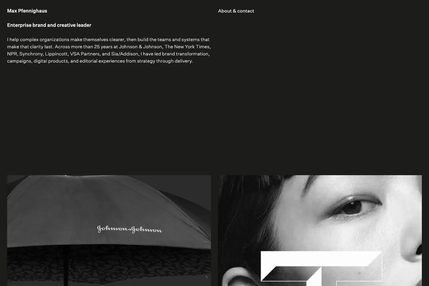 Max Pfennighaus portfolio homepage showing project text and image grid
