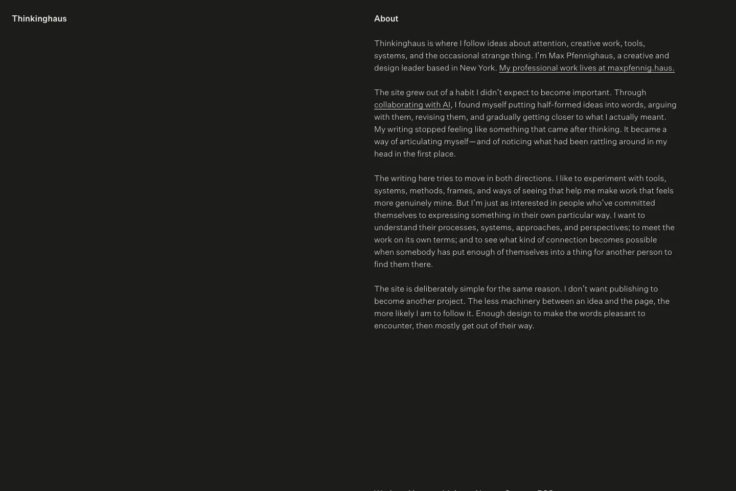 Thinkinghaus About page showing long-form copy and full site navigation