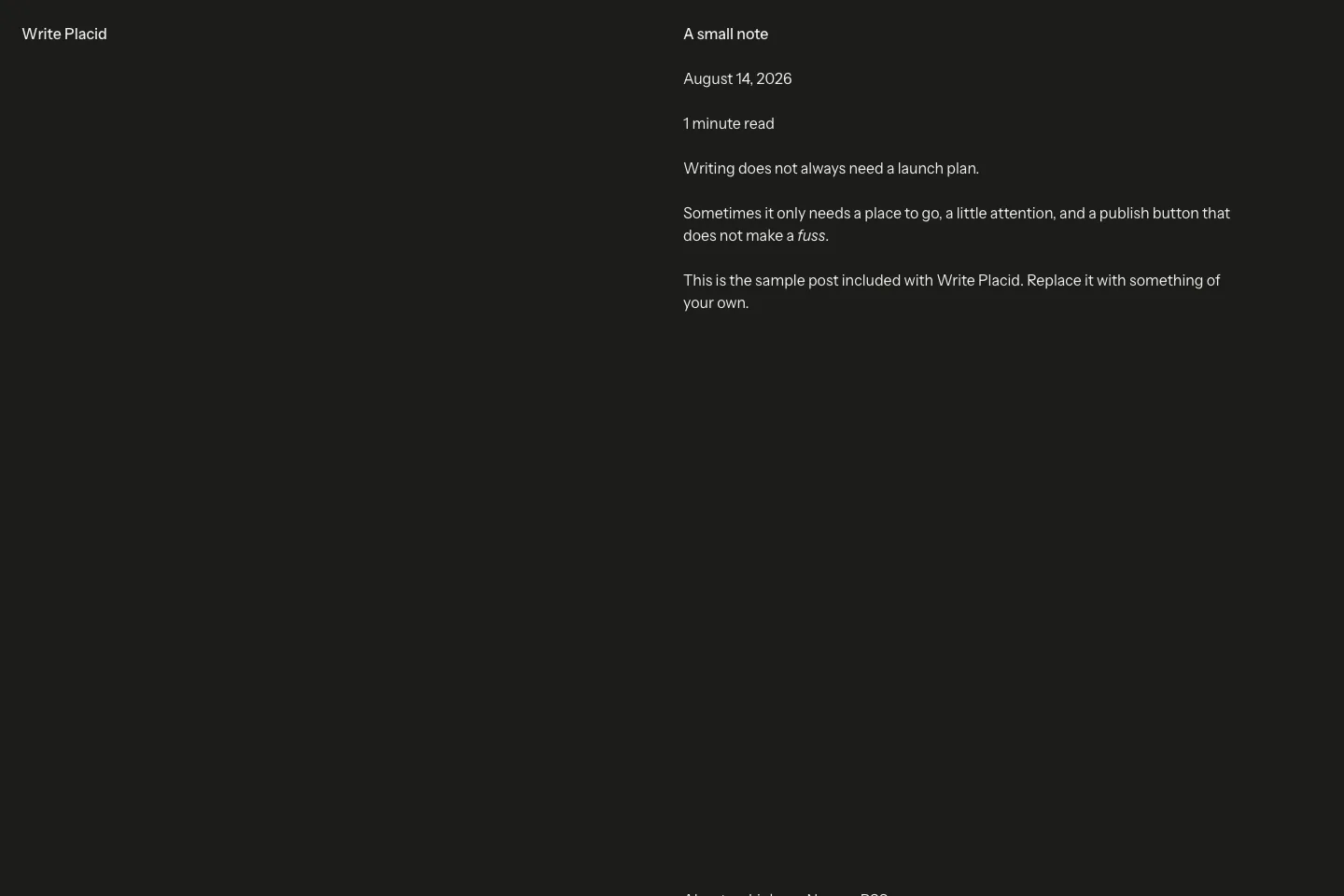 Write Placid article page showing editorial typography and generous reading space