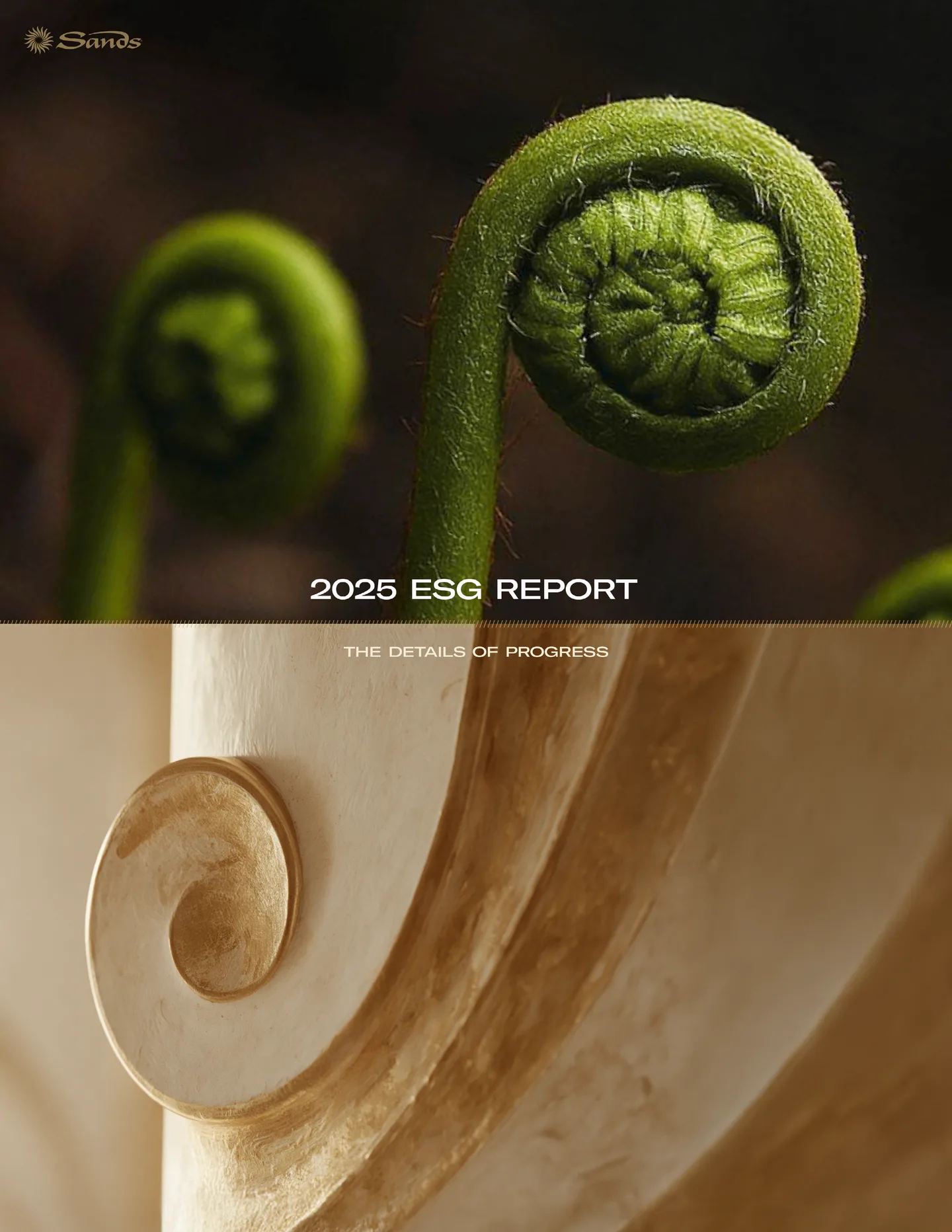 Sands ESG report cover pairing a fern detail with refined hospitality architecture