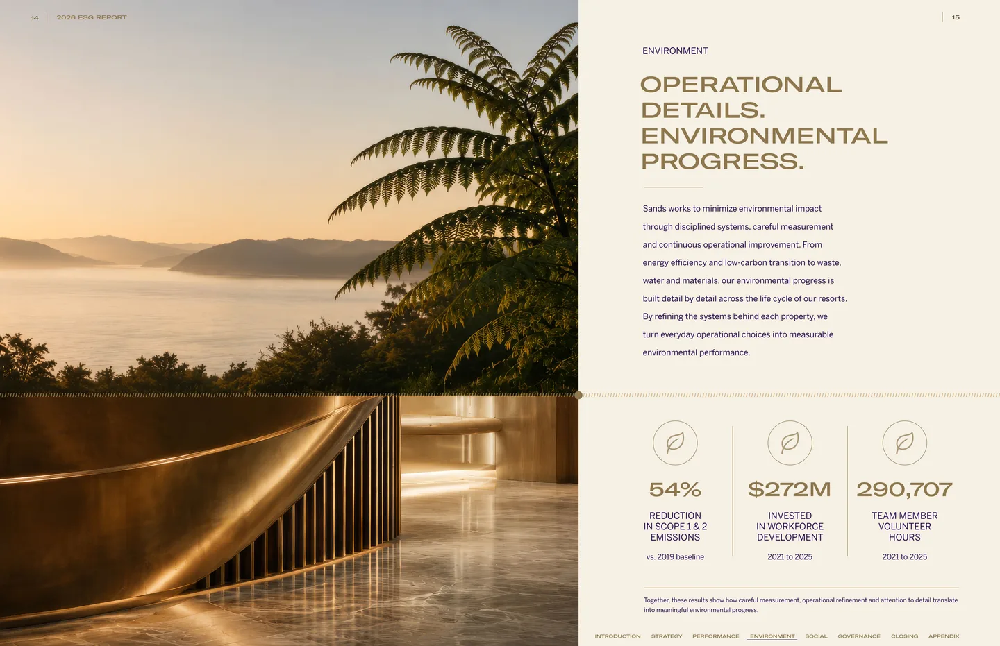 Sands ESG report environmental section spread with landscape and architectural photography