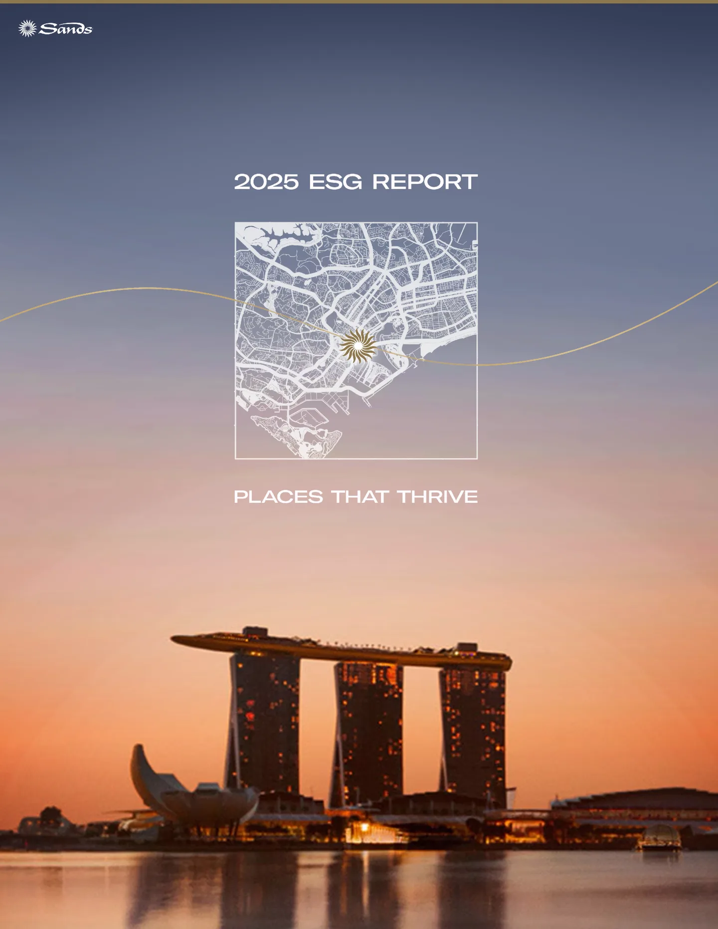 Sands Places That Thrive ESG report cover featuring Marina Bay and a city map
