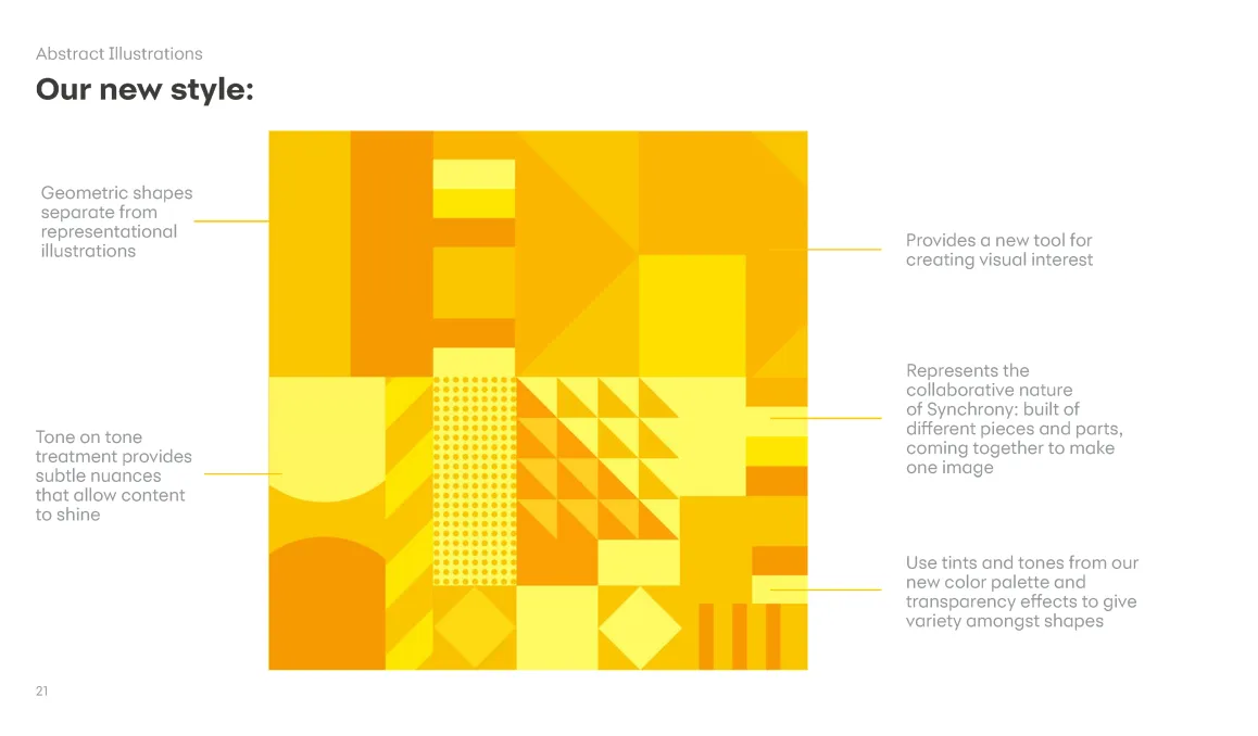Synchrony abstract illustration style built from geometric shapes and brand colors