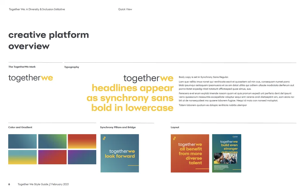 Overview of the TogetherWe creative platform including typography, gradients, symbols, and layouts