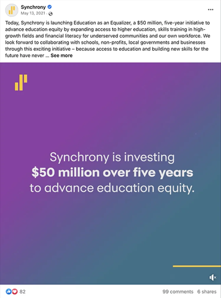 Synchrony social post announcing an investment in education equity
