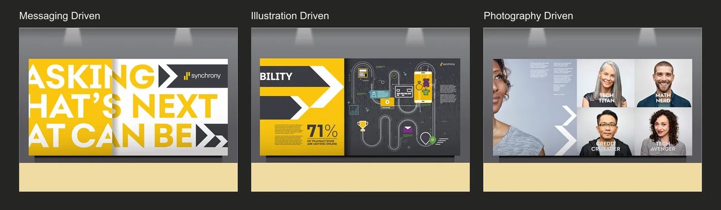 Synchrony brand standards showing messaging-, illustration-, and photography-driven modes