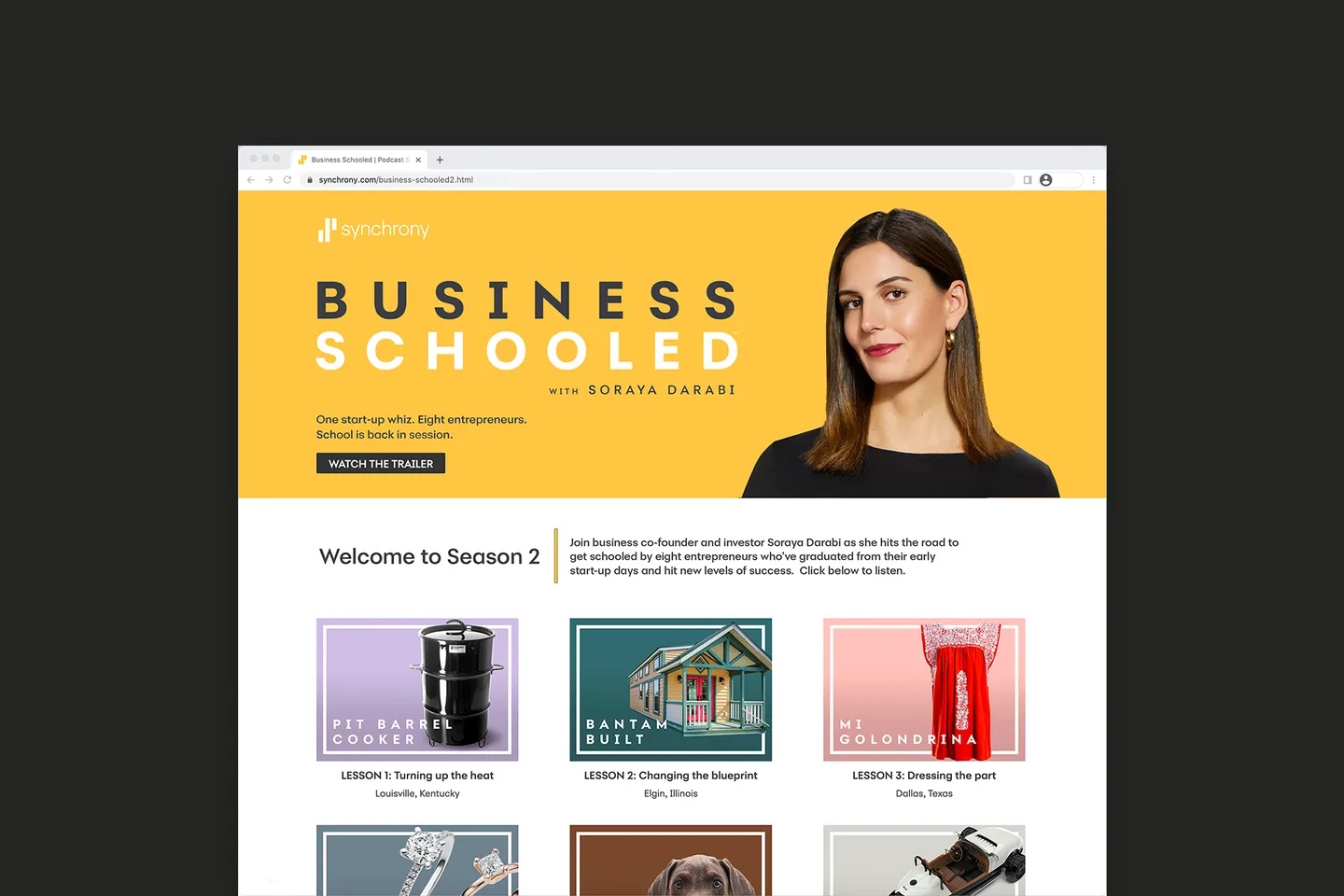 Business Schooled website featuring host Soraya Darabi and profiles of small-business owners