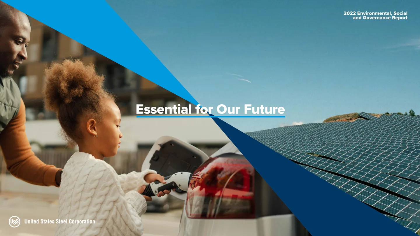 Cover of U. S. Steel’s 2022 Environmental, Social and Governance Report combining family, electric vehicle, and solar imagery