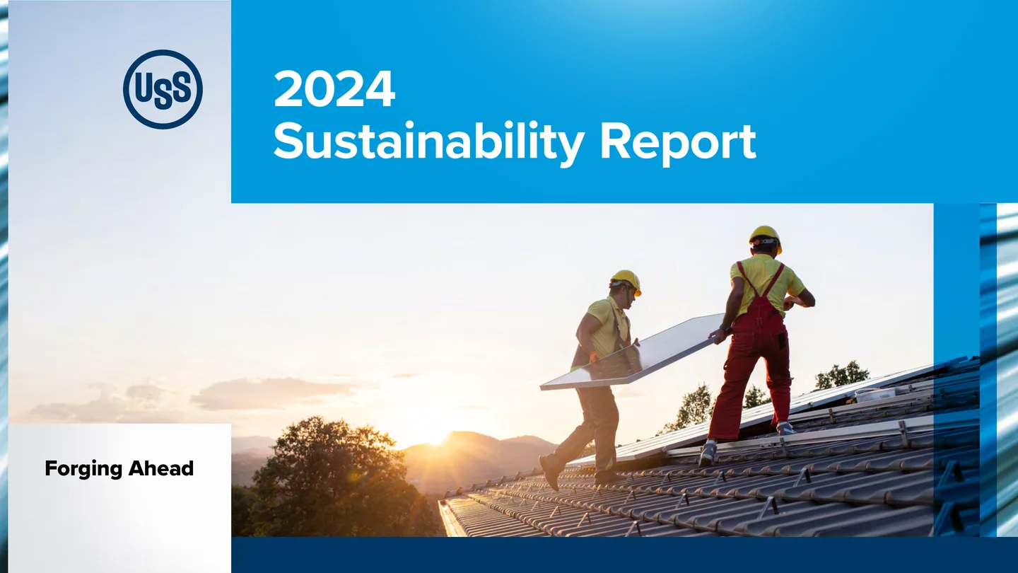 Cover of U. S. Steel’s 2024 Sustainability Report featuring workers installing solar panels
