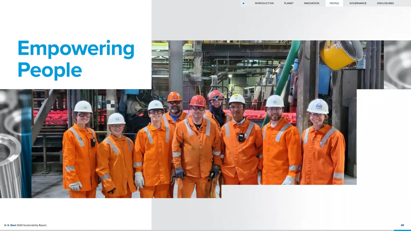 Empowering People section opener featuring U. S. Steel employees in a mill