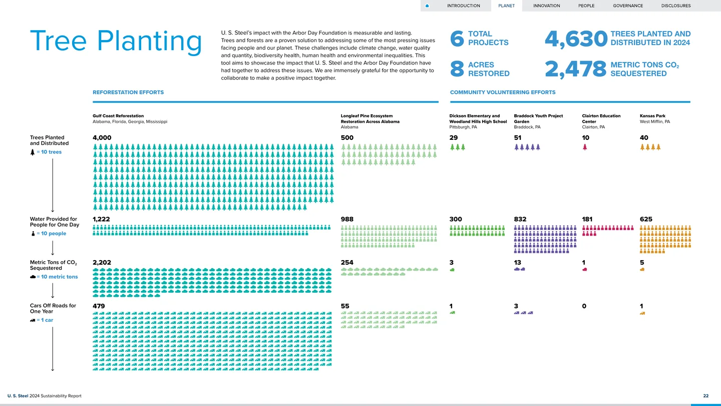 Tree Planting pictorial data visualization comparing six reforestation and community projects